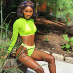 3 Piece Neon Green Bikini Swimsuit Women Sexy Long Sleeve Swimwear Women High Waist Bikini Set High Cut Bathing Suit - DanaFashionstore