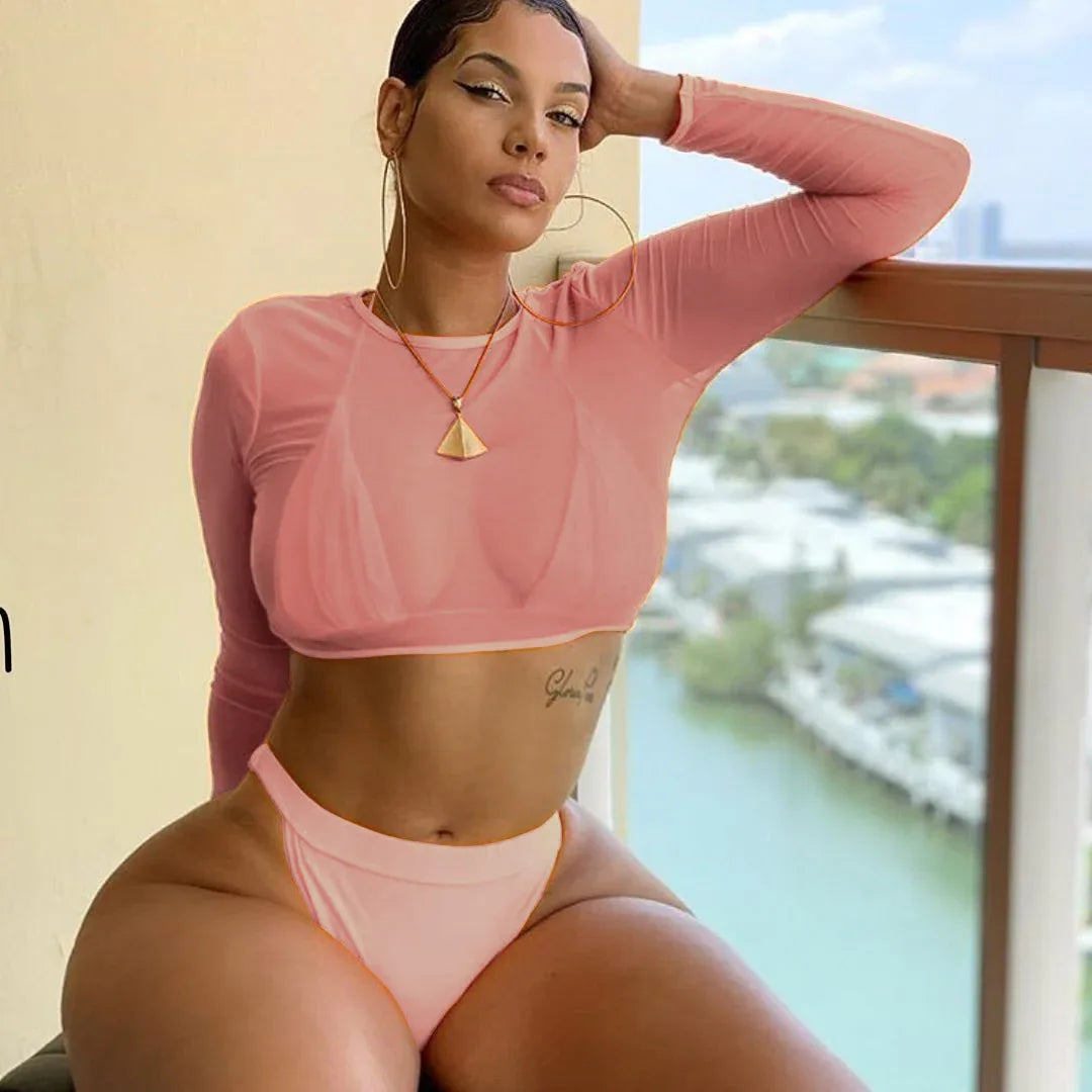 3 Piece Neon Green Bikini Swimsuit Women Sexy Long Sleeve Swimwear Women High Waist Bikini Set High Cut Bathing Suit - DanaFashionstore