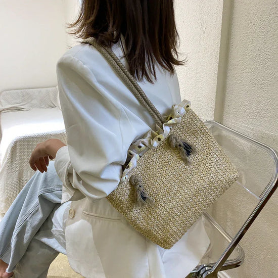 Fashion Women's Summer Straw Bag Tote Shoulder Bags Large Wicker Woven HandBag Female New Braided Raffia Pouch Beach Bag - DanaFashionstore