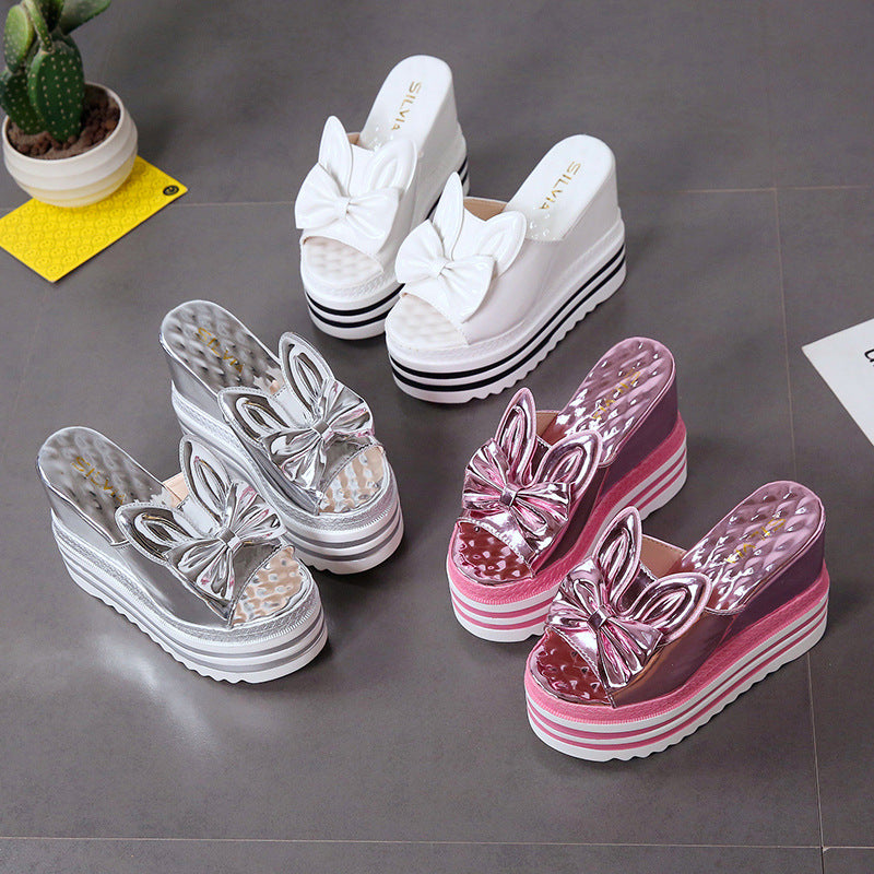 Sandals And Slippers Women'S Shoes Summer And Korean Version Of High-Heeled Wedge-Heeled Thick Bottom, All-Match Non-Slip Inner Heightening, White Outer Wear One-And-A-Half Drag