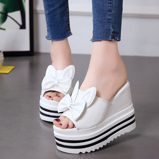 Sandals And Slippers Women'S Shoes Summer And Korean Version Of High-Heeled Wedge-Heeled Thick Bottom, All-Match Non-Slip Inner Heightening, White Outer Wear One-And-A-Half Drag
