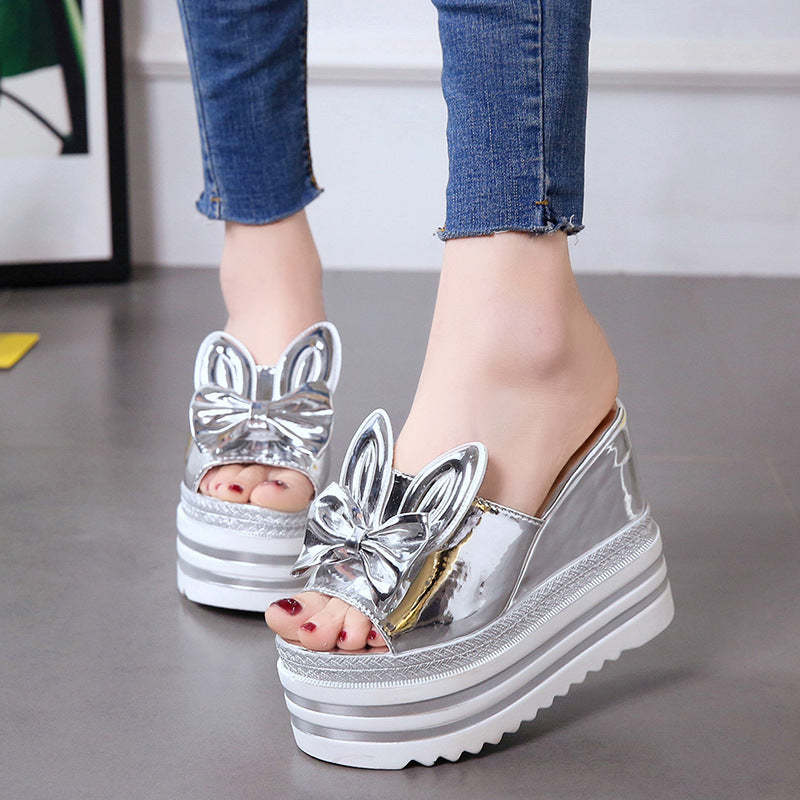 Sandals And Slippers Women'S Shoes Summer And Korean Version Of High-Heeled Wedge-Heeled Thick Bottom, All-Match Non-Slip Inner Heightening, White Outer Wear One-And-A-Half Drag