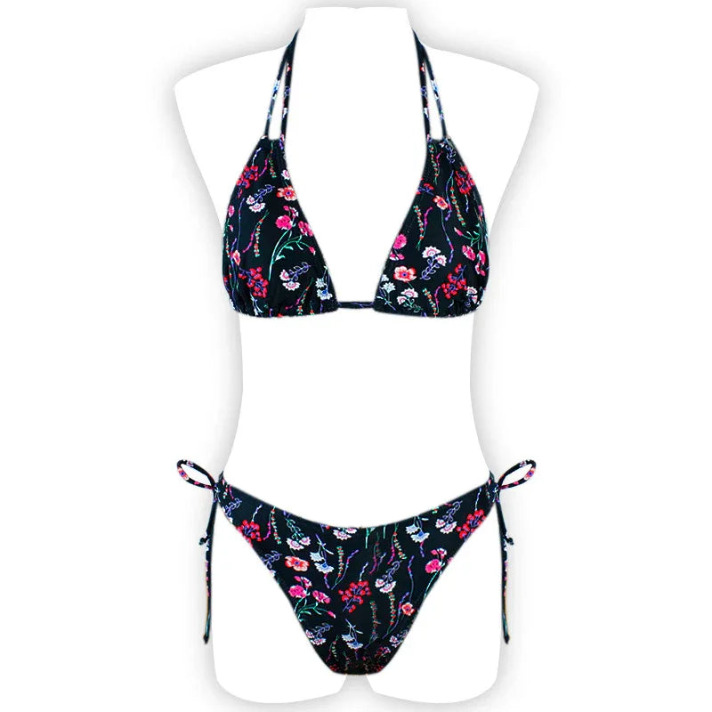 Printed Halter Lace Open Back European and American Sexy Split Bikini Swimsuit - DanaFashionstore