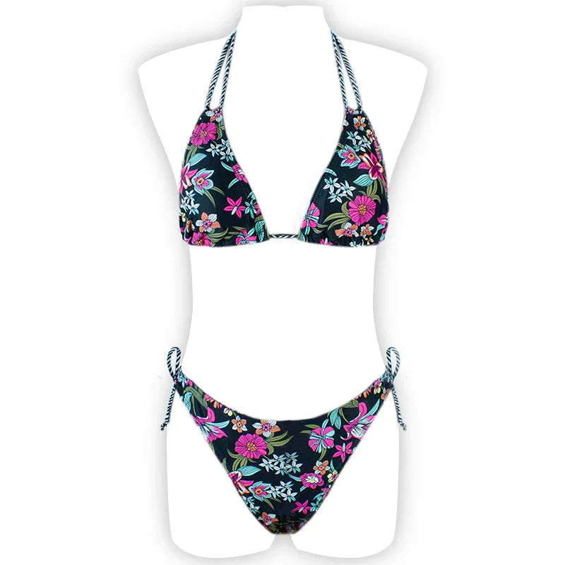 Printed Halter Lace Open Back European and American Sexy Split Bikini Swimsuit - DanaFashionstore