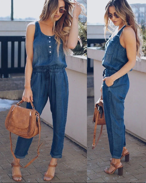 Casual Denim Vest Jumpsuit 2026 - Waist-Cinched Jean Jumpsuit - DanaFashionstore