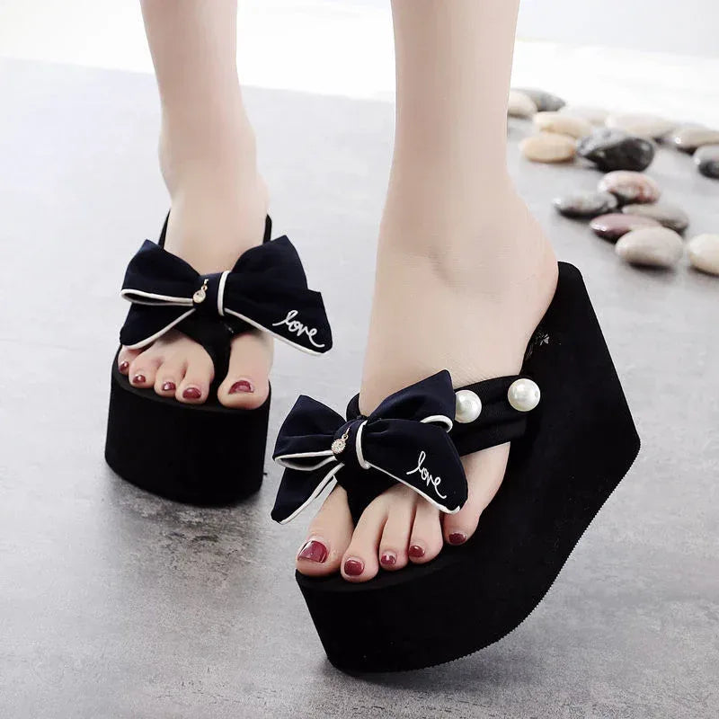 Shining 8cm High-Heeled Flip Flops Handmade Bow - DanaFashionstore