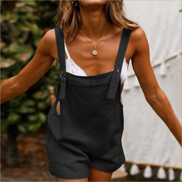 Summer Cross-Border New Cotton And Linen New One-Piece Strap Solid Color Button Casual Women's Shorts