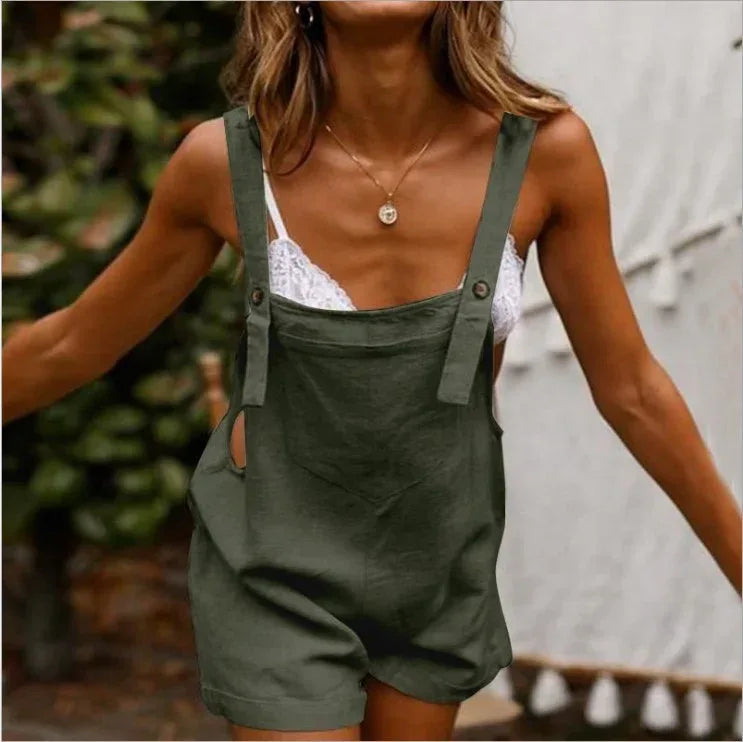 Cotton Linen Strap Romper 2026 - Casual Button Shorts Jumpsuit - DanaFashionstore