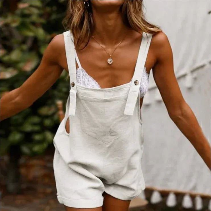 Cotton Linen Strap Romper 2026 - Casual Button Shorts Jumpsuit - DanaFashionstore