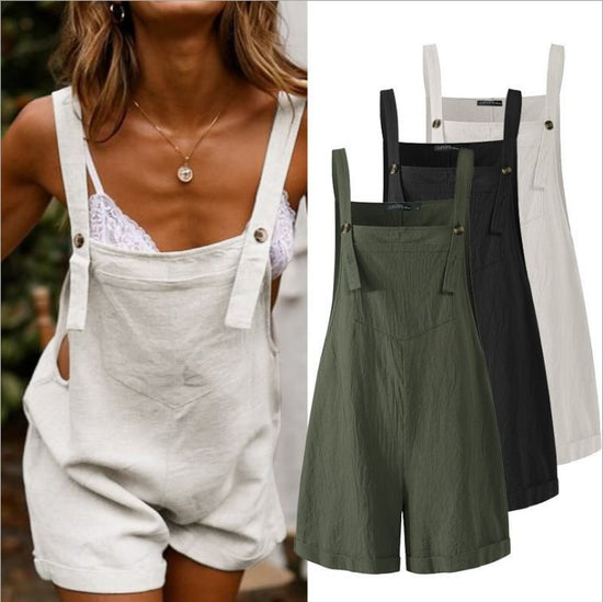 Summer Cross-Border New Cotton And Linen New One-Piece Strap Solid Color Button Casual Women's Shorts