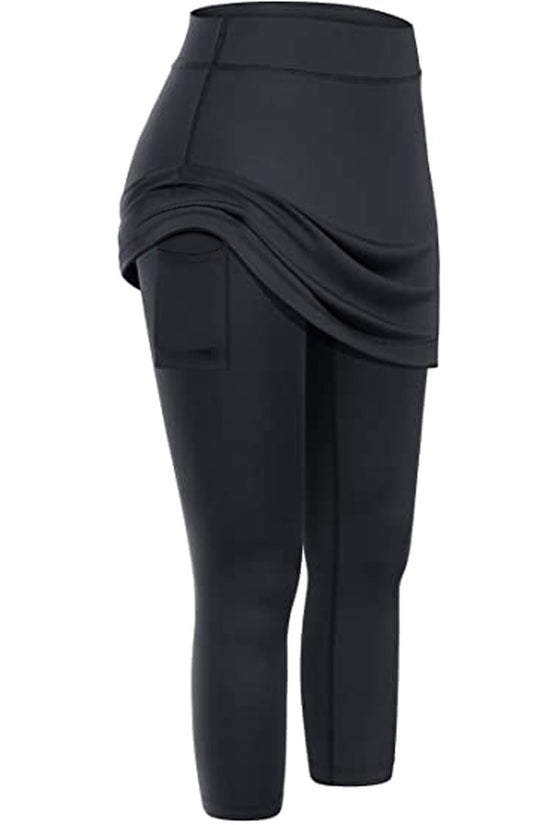 Women Tennis Skirted Leggings Pockets Elastic Sports Yoga Capris Skirts Legging