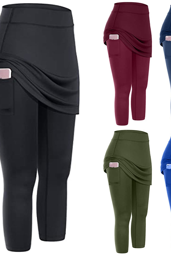 Women Tennis Skirted Leggings Pockets Elastic Sports Yoga Capris Skirts Legging