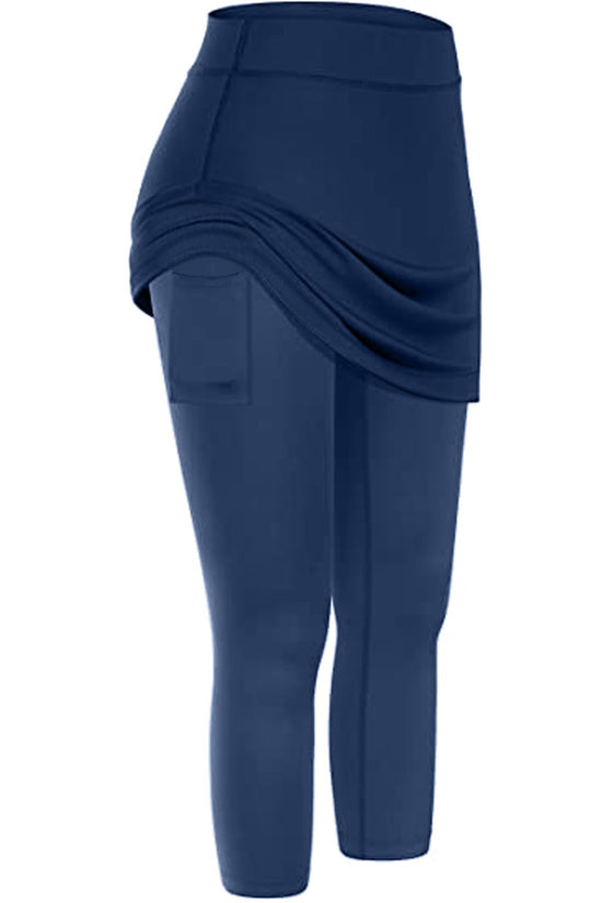 Women Tennis Skirted Leggings Pockets Elastic Sports Yoga Capris Skirts Legging