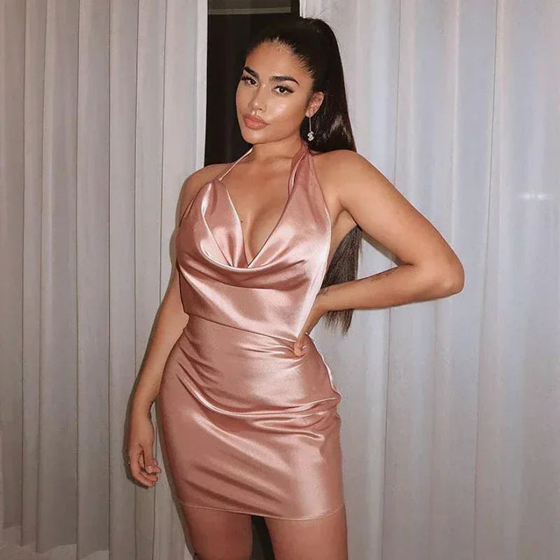 Satin Party Dress V Neck Backless Mini Sleeveless Summer Party Dress - DanaFashionstore