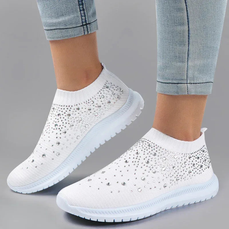 Cross-Border Amazon Large Size Rhinestone Elastic Socks Shoes Casual Men'S And Women'S Sports Shoes Md Bottom Flying Woven Breathable Light Shoes - DanaFashionstore