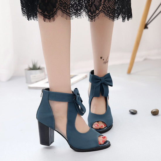 Thick-Heeled Bow-Knot Sandals Roman Wind Mesh Gauze Hollow High-Heeled Women'S Shoes