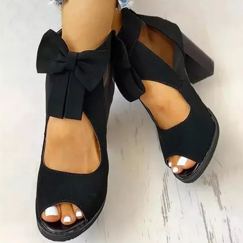 Thick-Heeled Bow-Knot Sandals Roman Wind Mesh Gauze Hollow High-Heeled Women'S Shoes - DanaFashionstore