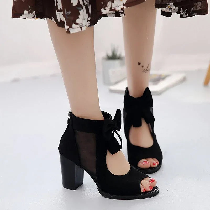 Thick-Heeled Bow-Knot Sandals Roman Wind Mesh Gauze Hollow High-Heeled Women'S Shoes - DanaFashionstore