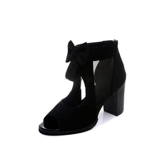 Thick-Heeled Bow-Knot Sandals Roman Wind Mesh Gauze Hollow High-Heeled Women'S Shoes