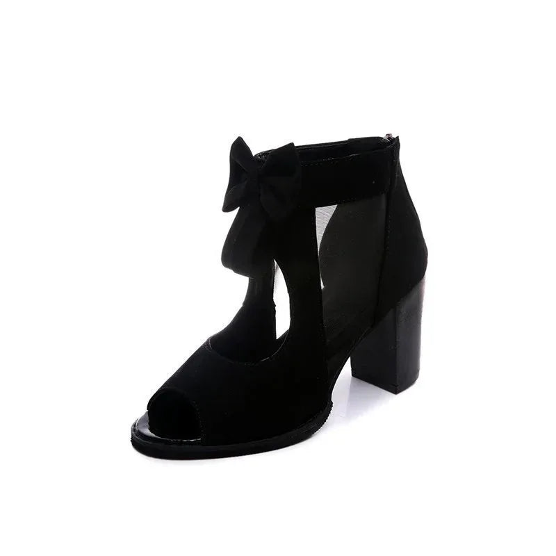 Thick-Heeled Bow-Knot Sandals Roman Wind Mesh Gauze Hollow High-Heeled Women'S Shoes - DanaFashionstore