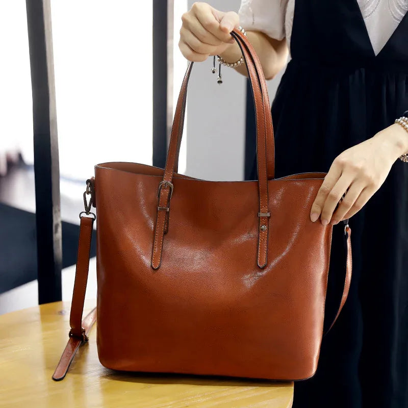 Simple Oil Wax Leather Messenger Shoulder Bags Women's High Capacity Portable Tote Bag - DanaFashionstore