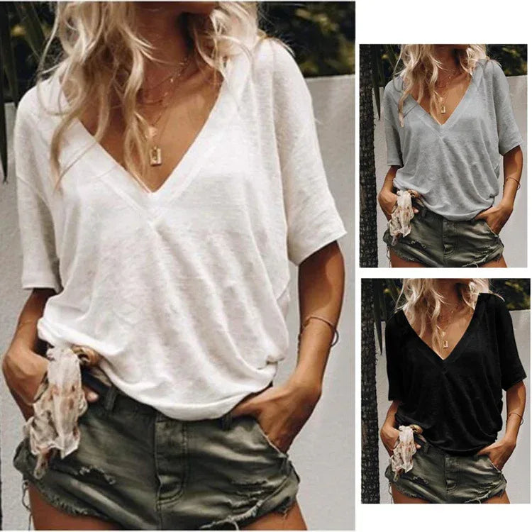 New Style Deep V Neck Short Sleeved Solid Color Casual T Shirt Women's Top - DanaFashionstore