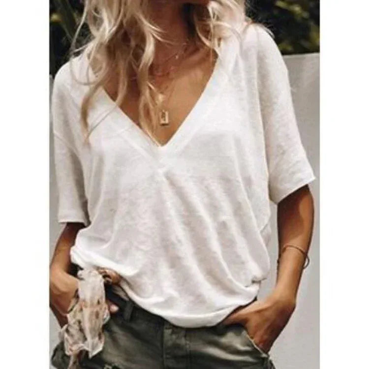 New Style Deep V Neck Short Sleeved Solid Color Casual T Shirt Women's Top - DanaFashionstore