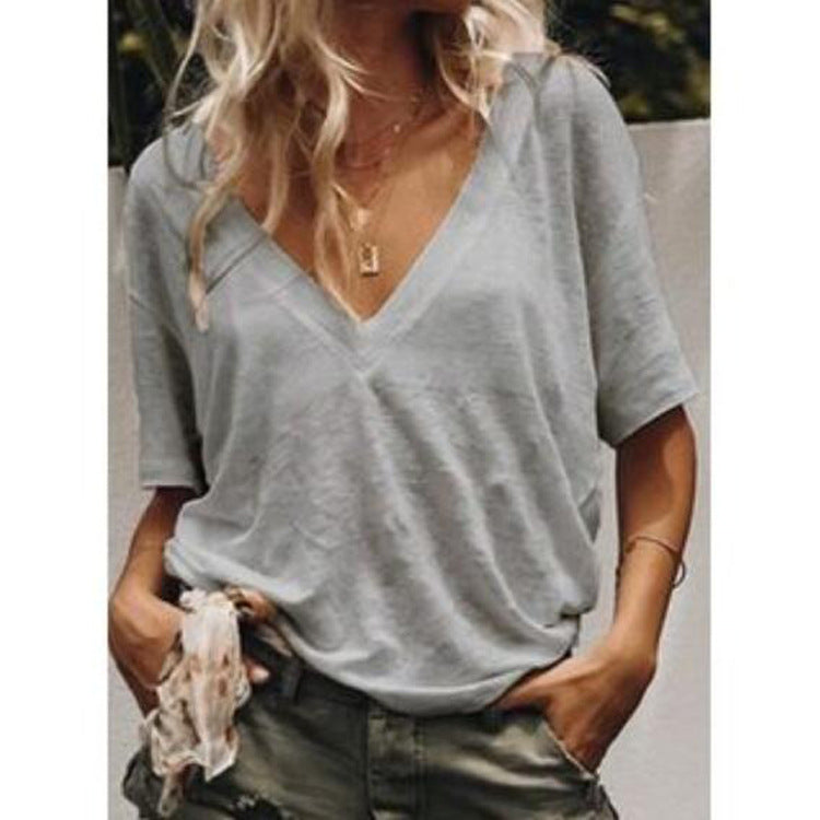 New Style Deep V Neck Short Sleeved Solid Color Casual T Shirt Women's Top