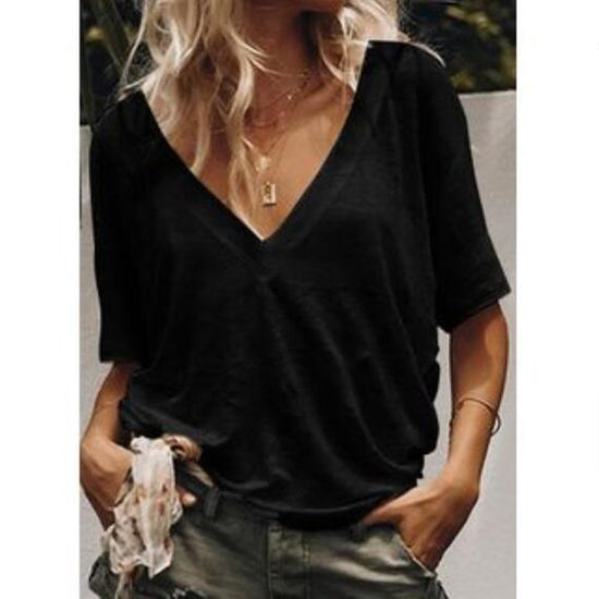 New Style Deep V Neck Short Sleeved Solid Color Casual T Shirt Women's Top