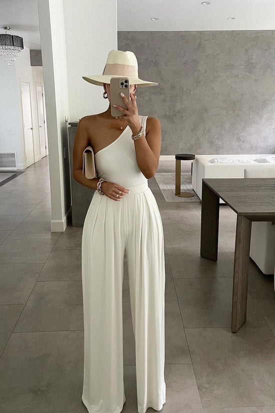 One-shoulder Sleeveless Asymmetric Casual Jumpsuit Solid Color Jumpsuit