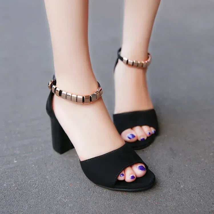 High-heeled suede sandals with buckled chunks with fish mouth sandals - DanaFashionstore