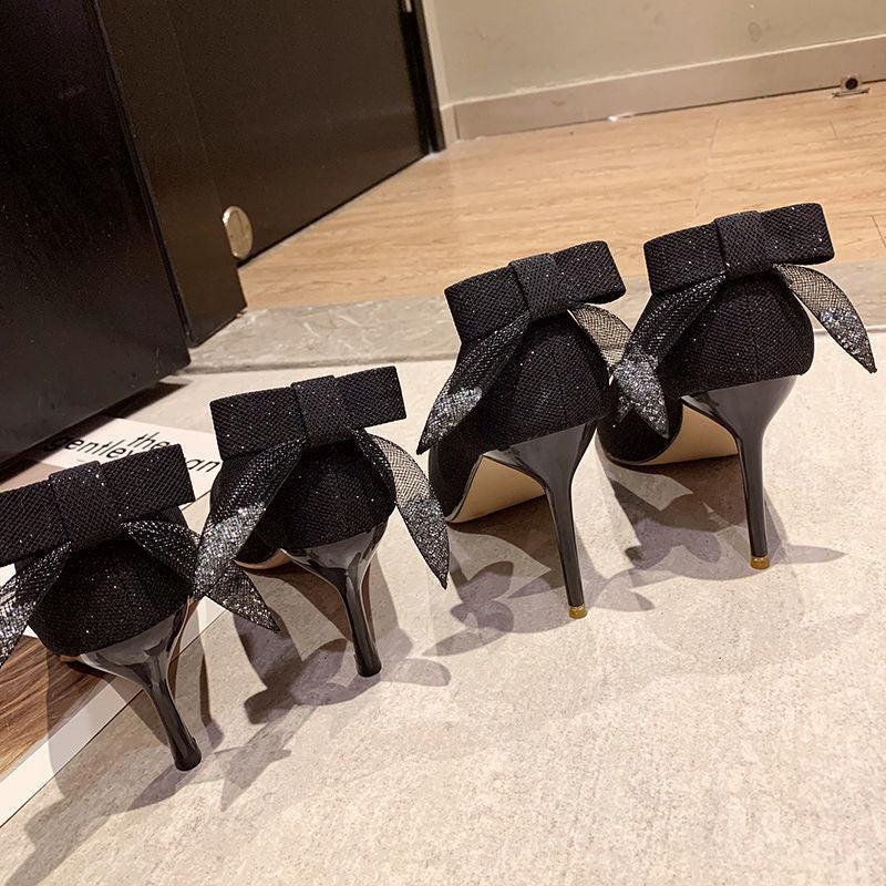Women's Sequin Stiletto High Heels With Pointed Bow - DanaFashionstore