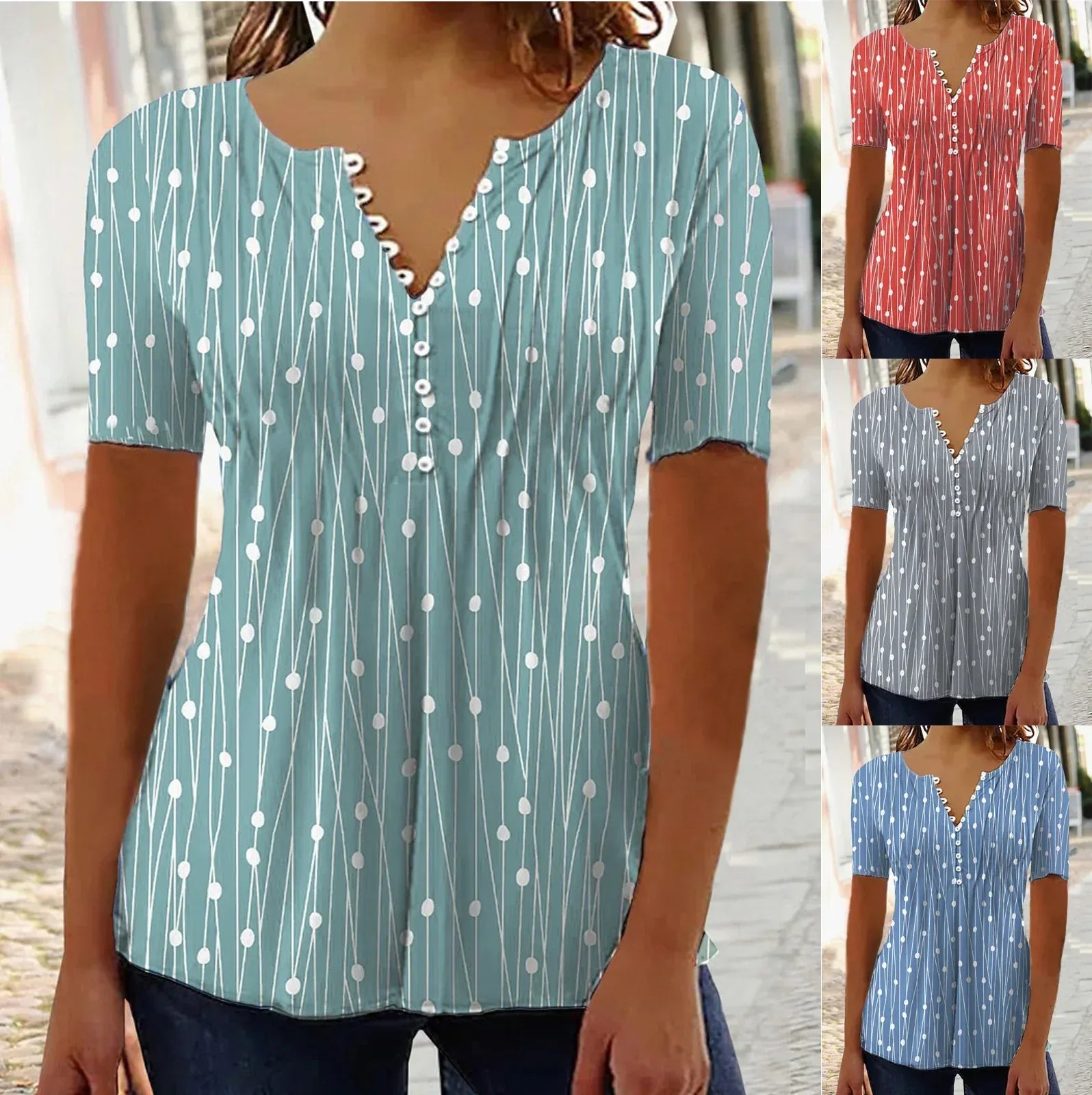 European And American Spring And Summer V-collar Polka Dot Short Sleeve - DanaFashionstore