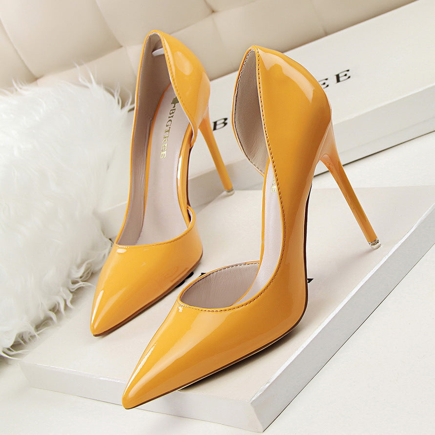 Stiletto patent leather shallow pointed high heels