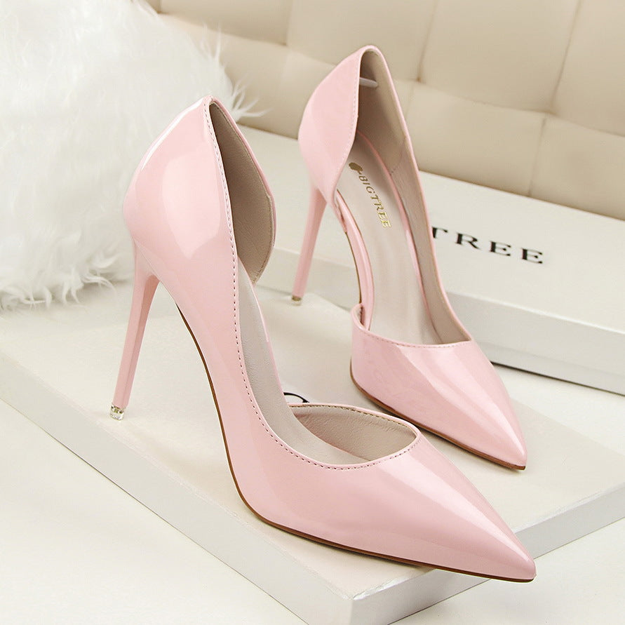 Stiletto patent leather shallow pointed high heels
