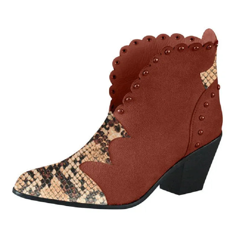 Block-heel rivet color-block snake print ankle boots - DanaFashionstore