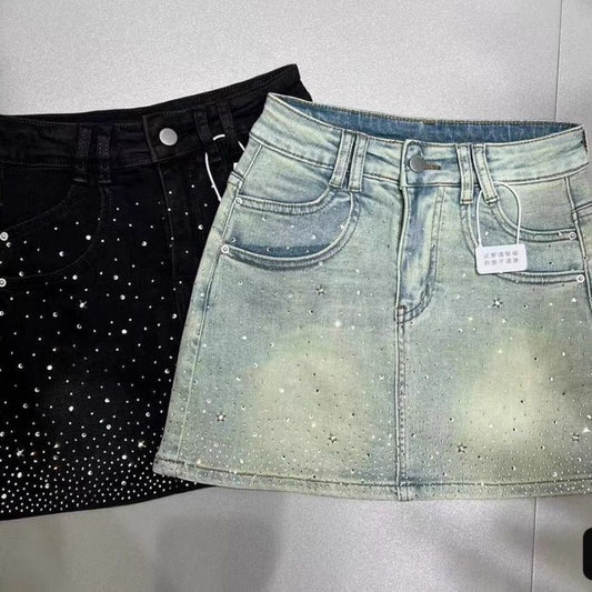 Retro Rhinestone Bright Star River Slim-fit Slimming Denim Skirt - Dana Fashion