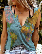 Map Print V-Neck Short-Sleeved T-Shirt - DanaFashionstore