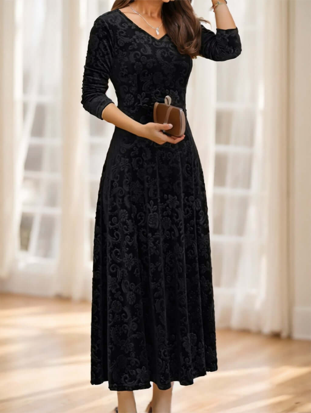 Floral Paisley Pattern Velvet Dress $39.31 Dana Fashion Color: Black Size: 2XL Women's clothing Product information: Sleeve Length: Sleeve Fit Type: Slim Fit Length: Mini Material: Woven Fabric Composition: 100% Polyester Packing list: Dress*1 Size inform
