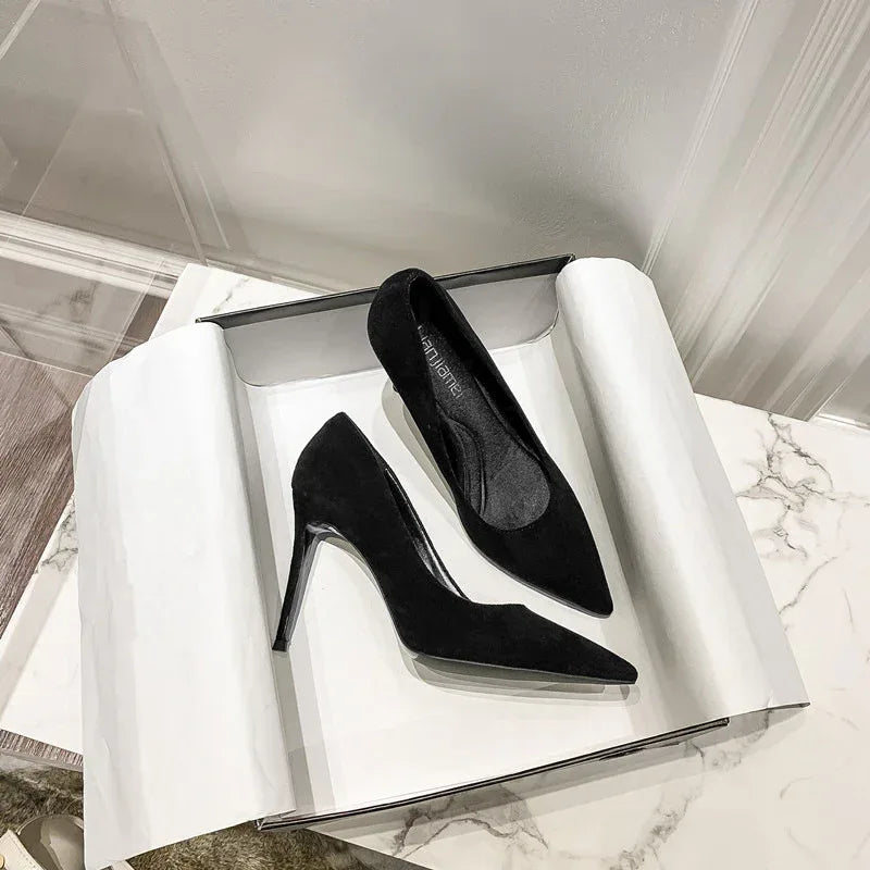 Black Suede High Heels Women's Stiletto Ceremonial Shoes - DanaFashionstore