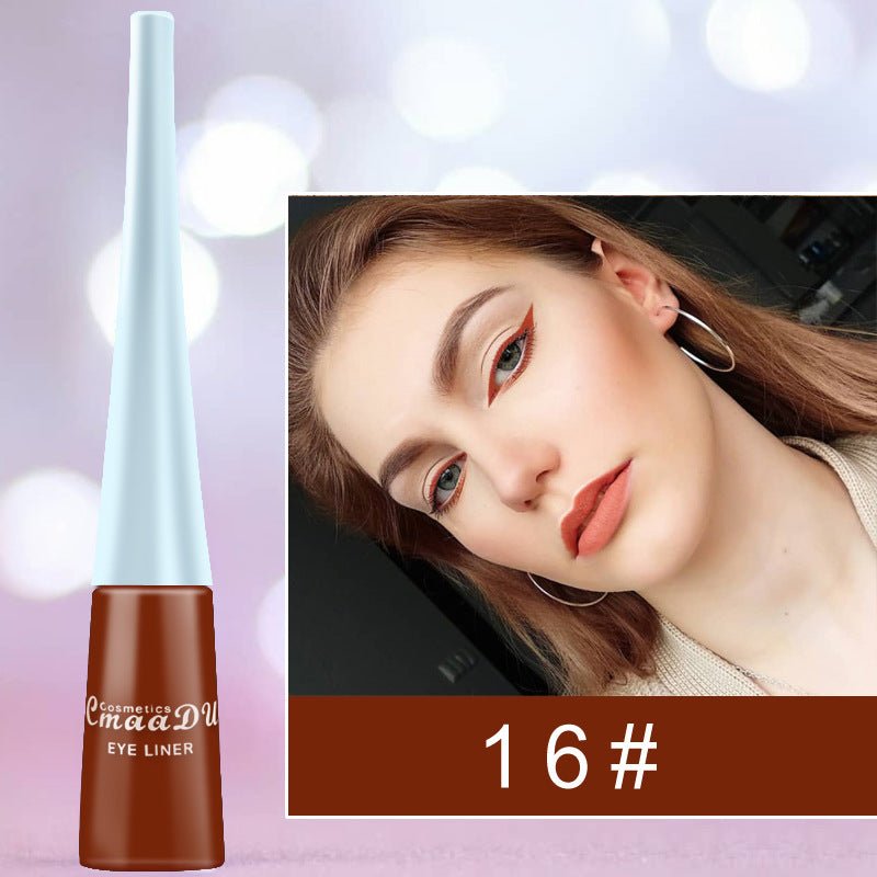 17 Color Liquid Eyeliner Matte Quick-Drying Color Eyeliner Lasting Non-Blooming Matte Glitter Eyeliner $13.00 Dana Fashion style: 16 Style makeup Overview: Brand New & High Quality. portable size, easy to carry. Effect: super waterproof and long-lasting F