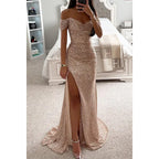 Party Sequins Off-neck Split Dress INS Casual Fashion Dress Women Charming Slimming Dress For Women - DanaFashionstore