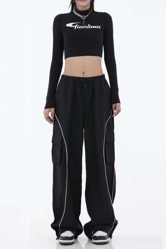 Black Mechanical Style Loose Retro Design Low Waist Casual Pants For Women