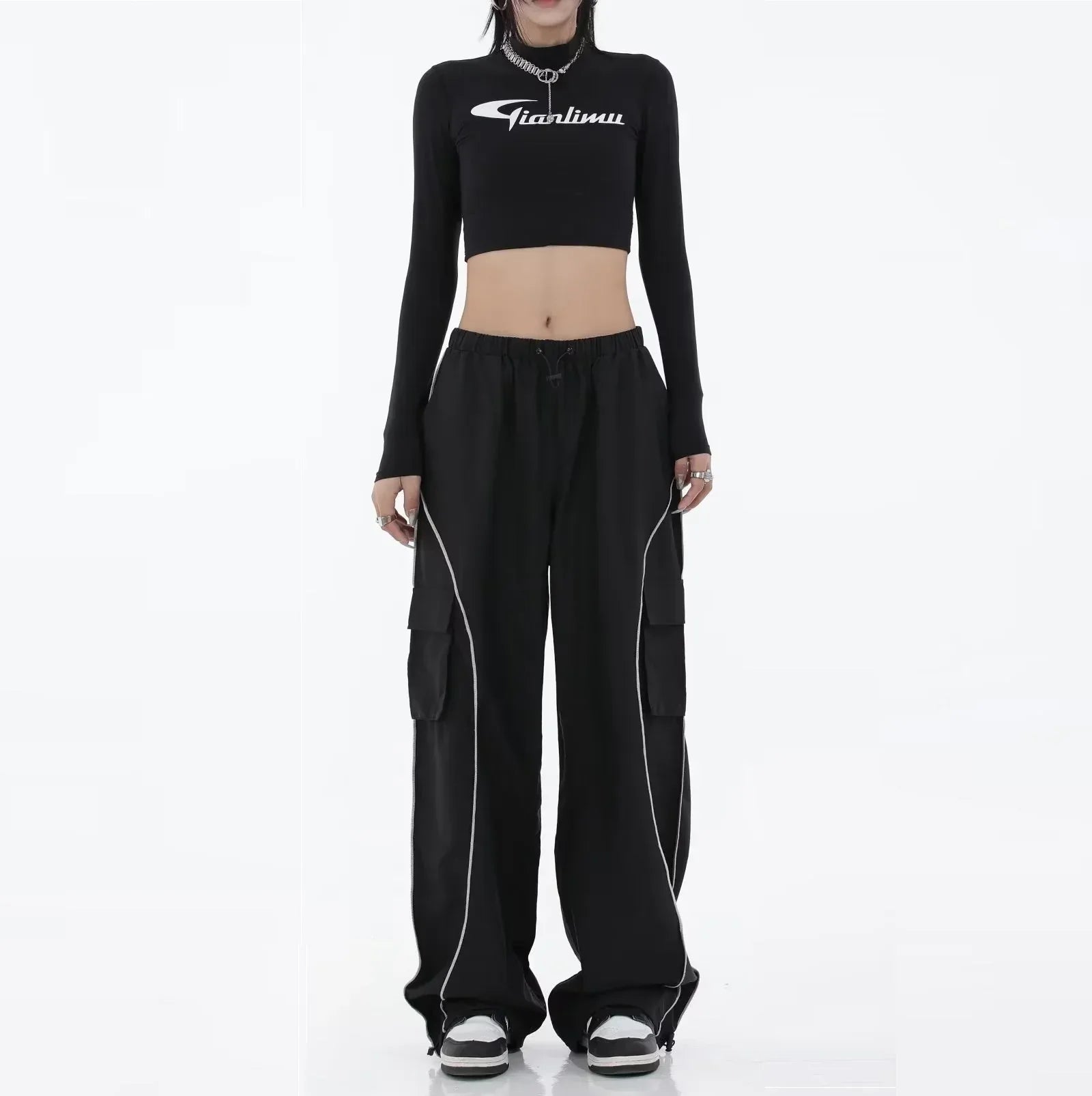 Black Mechanical Style Loose Retro Design Low Waist Casual Pants For Women - DanaFashionstore