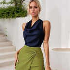 Women Solid Color Swing Collar Sleeveless Vest Trendy Elegant Shirt With Halter Neckline Backless Short Sleeve Tops Tshirts - DanaFashionstore