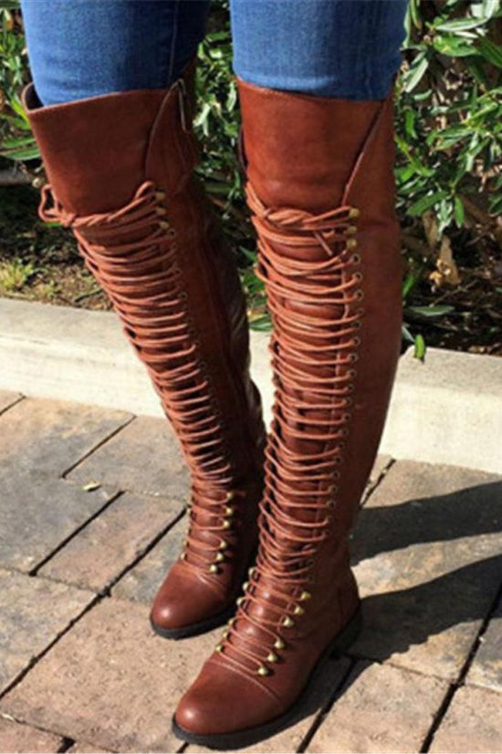 Women's solid color lace-up boots