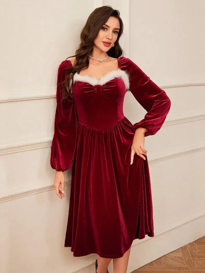 Women's Vintage Christmas Party Long Sleeve Red Velvet Dress Square Collar Dress Elegant Slimming Waist Autumn Women's Clothing - DanaFashionstore