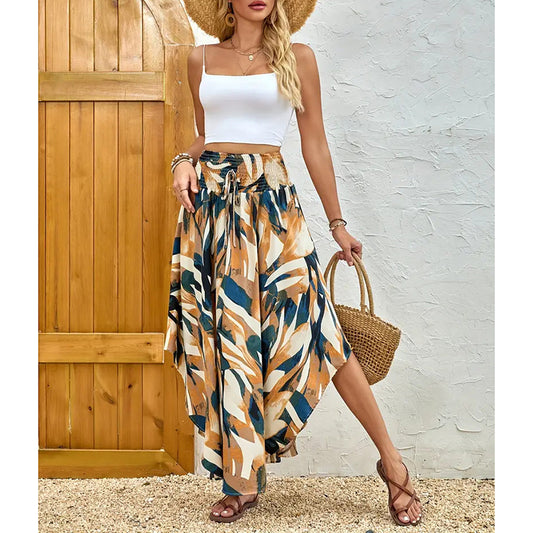 Women's High Elastic Waist Midi Skirt Casual Summer Trendy Tie Front Flowy Floral Print Beach Long Skirt - Dana Fashion