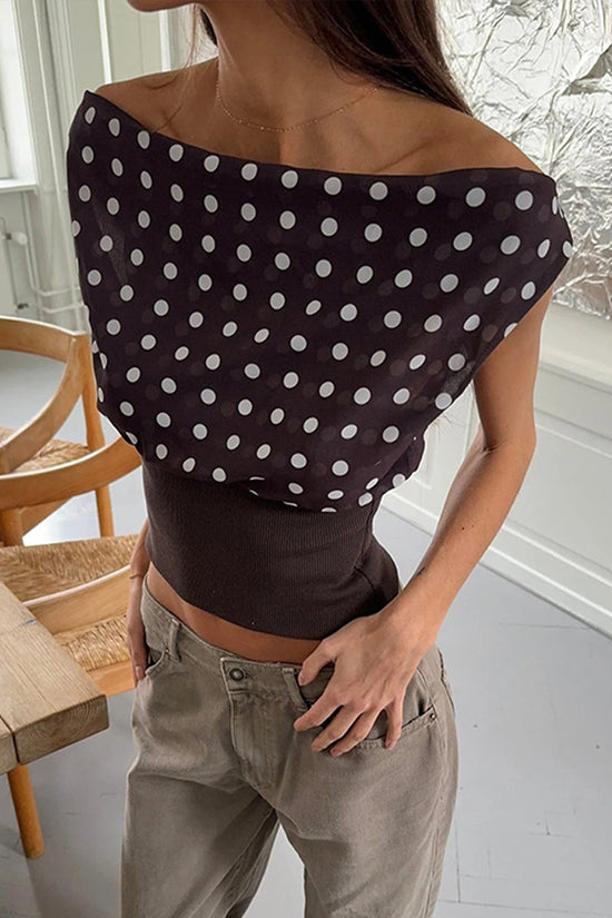 Polka Dots Print Oblique Shoulder Tops Summer Patchwork Chiffon Crop Top Women Sexy Sleeveless Lace Up Backless Blouse Casual Streetwear Tee