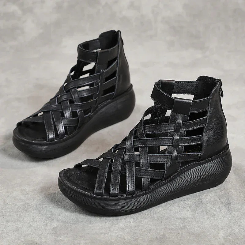 New Ethnic Style Retro Wedge Sandals Women's Casual Bag Heel Sandal Boots Cowhide Fish Mouth Sandals - DanaFashionstore